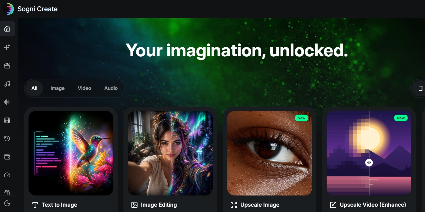 Homepage della piattaforma di generazione di immagini, video e audio Sogni Create AI