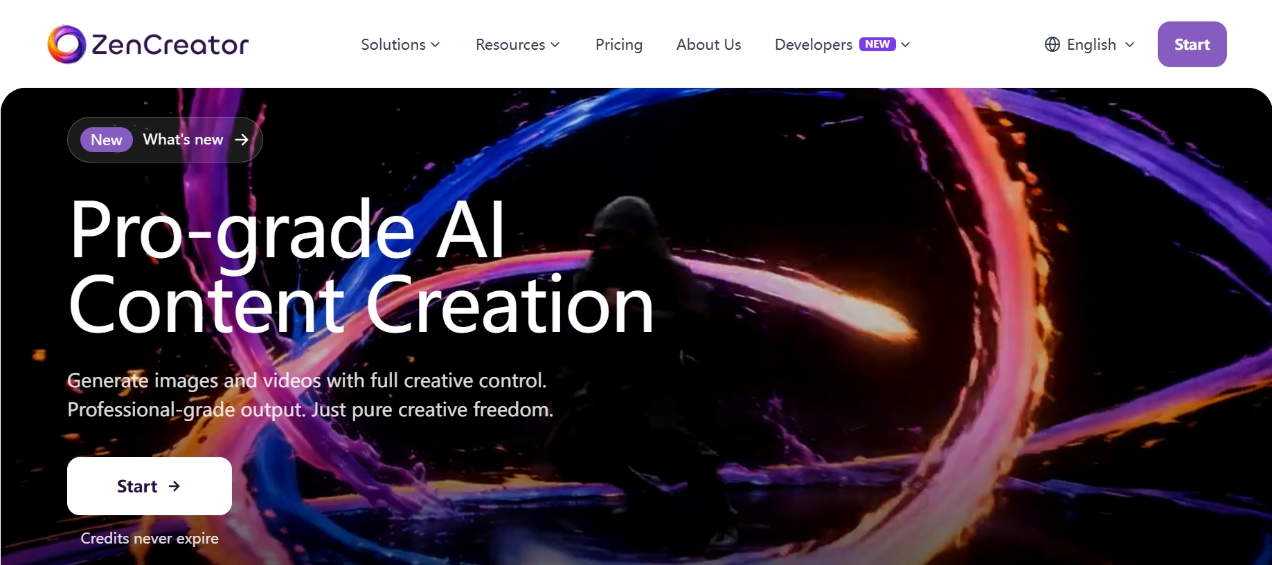 Homepage della piattaforma di creazione di contenuti AI ZenCreator per la generazione di immagini e video