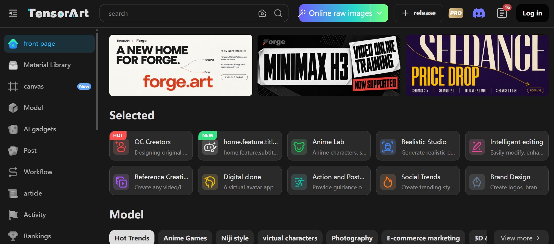 Piattaforma artistica AI Tensor.Art con modelli creativi e strumenti di generazione di immagini