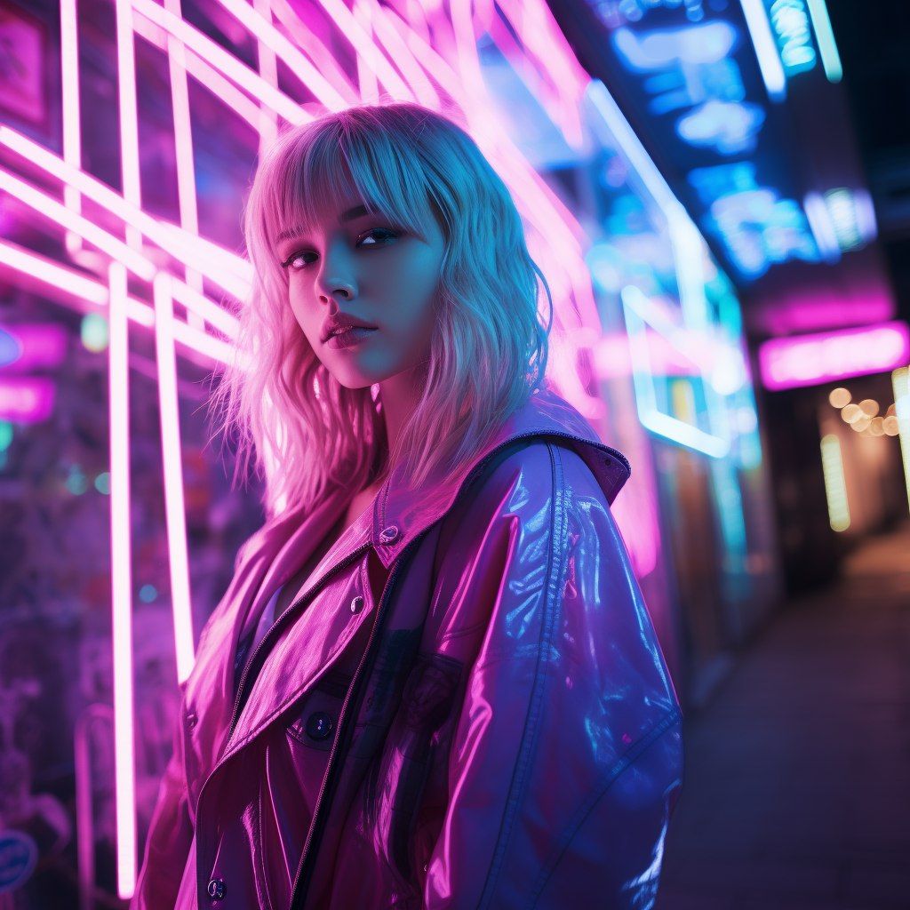 Donna generata dall'intelligenza artificiale con capelli argentati in una città futuristica illuminata al neon che indossa una giacca di pelle
