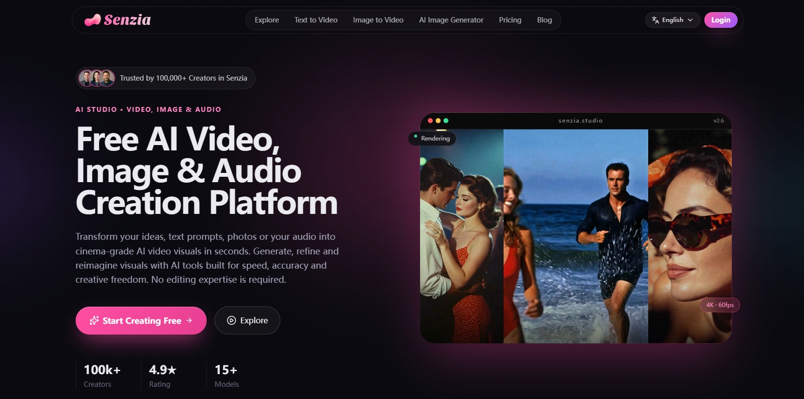 Homepage della piattaforma per la creazione di video, immagini e audio Senzia AI con anteprima della generazione di video e strumenti gratuiti per la creazione di IA