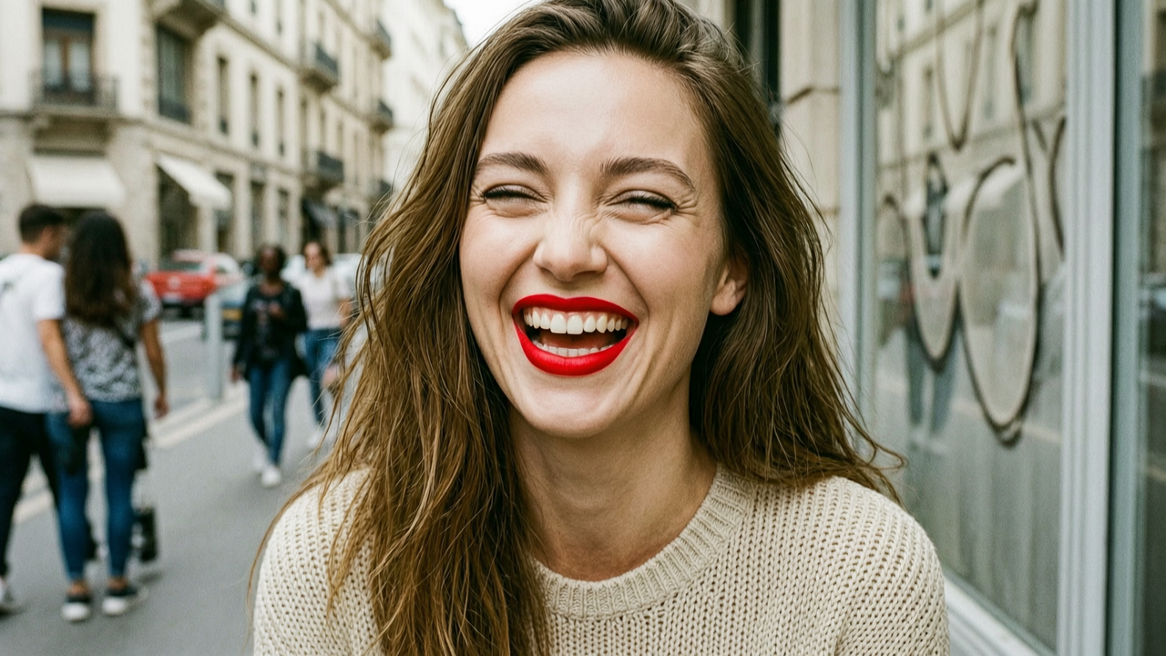 Laughing woman in a beige sweater and red lipstick on a city street