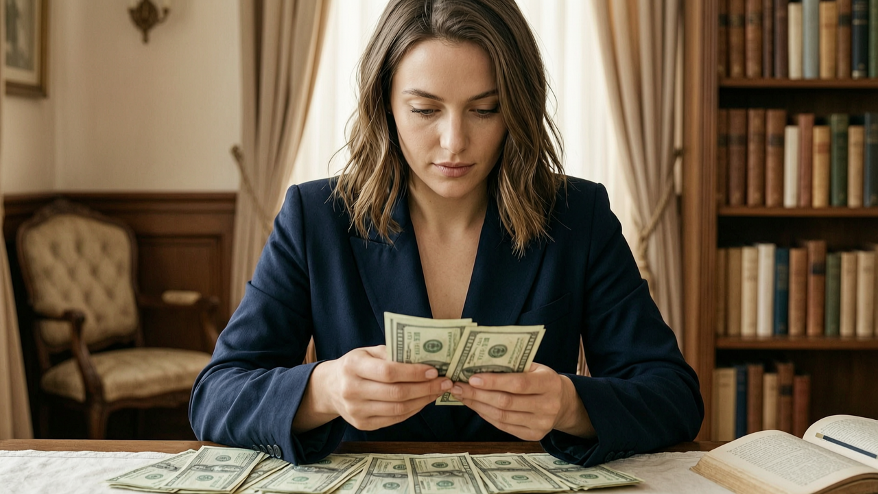 Woman in a navy blazer counts dollar bills at a desk in a book-lined room