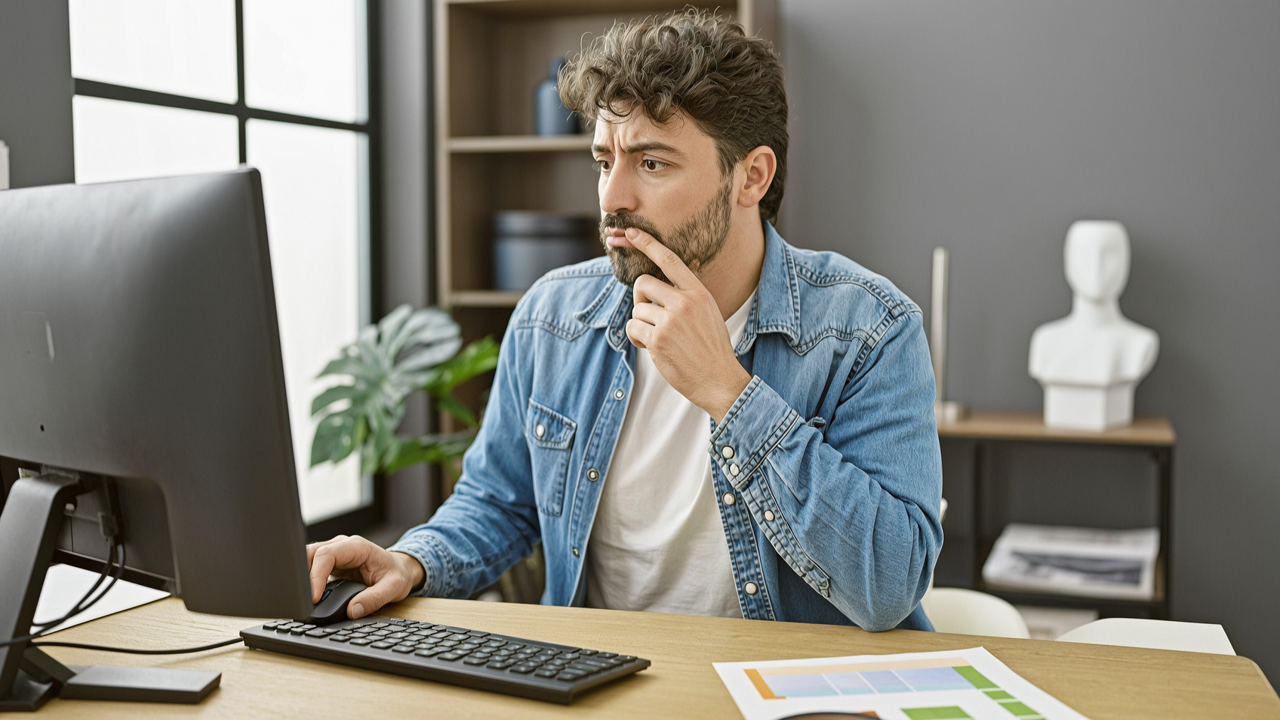 Man in a denim jacket studies a computer beside color swatches on the desk