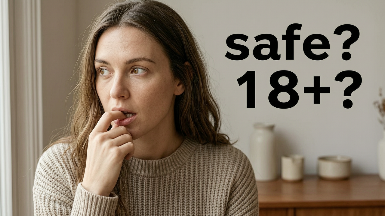 Woman in a beige sweater holds a finger to her lip beside the words safe? and 18+?