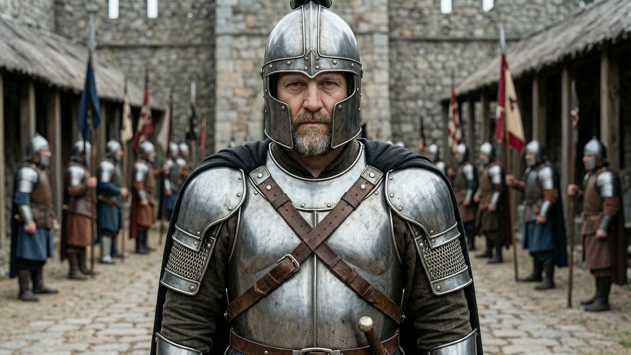 Bearded man in steel armor and a helmet stands in a stone courtyard with soldiers behind him