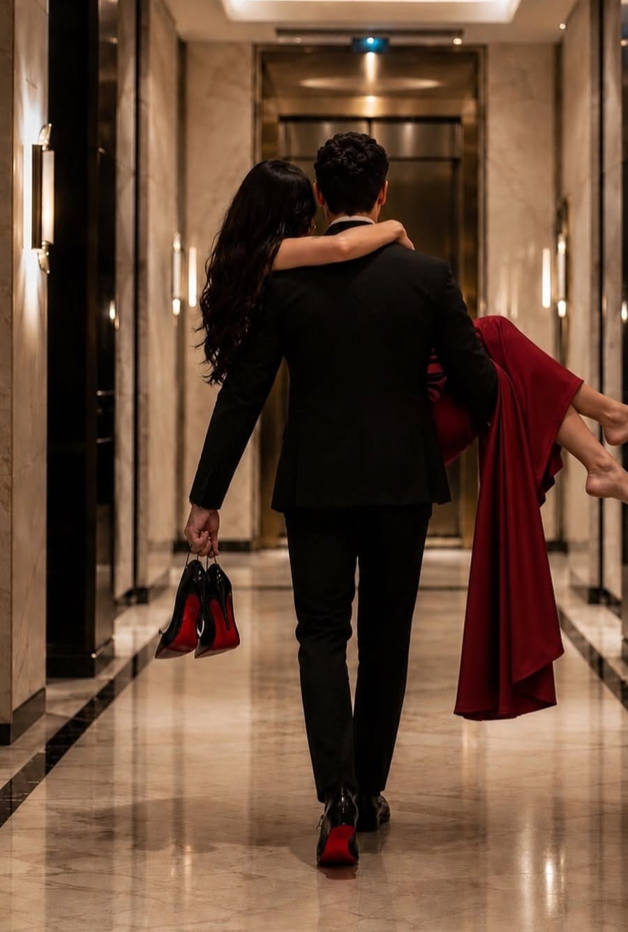 Cinematic AI-generated scene of a couple in formalwear walking through a luxury hotel hallway.