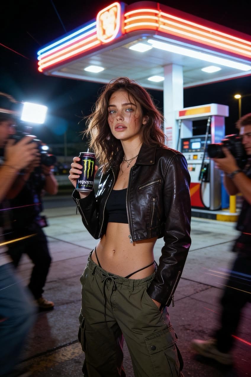 AI-generated woman in a leather jacket holding an energy drink outside a gas station at night
