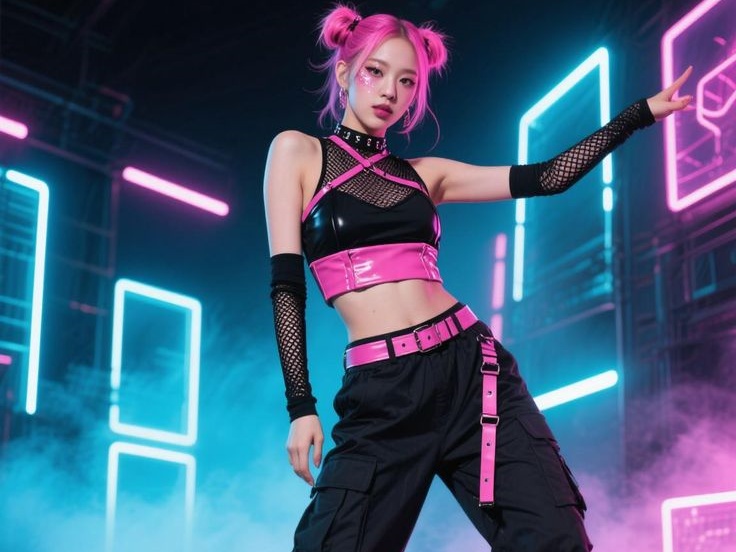 Pink-haired anime-style woman in a black and pink outfit posing in a neon-lit futuristic setting.