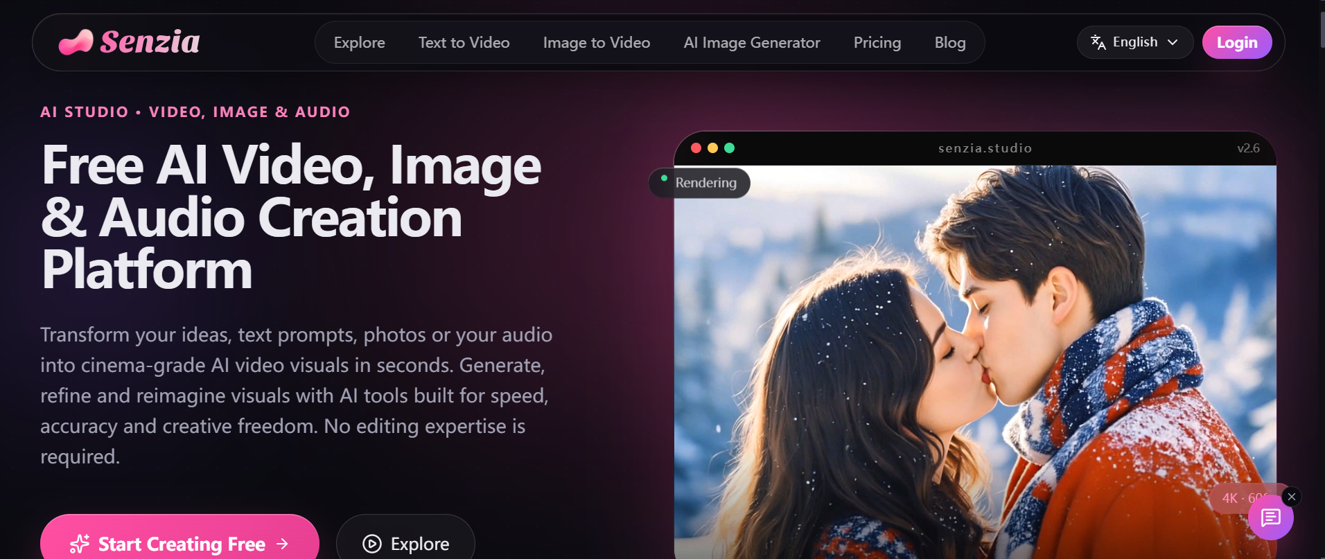 Senzia homepage with the headline “Free AI Video, Image & Audio Creation Platform” and a preview of a couple about to kiss in falling snow.