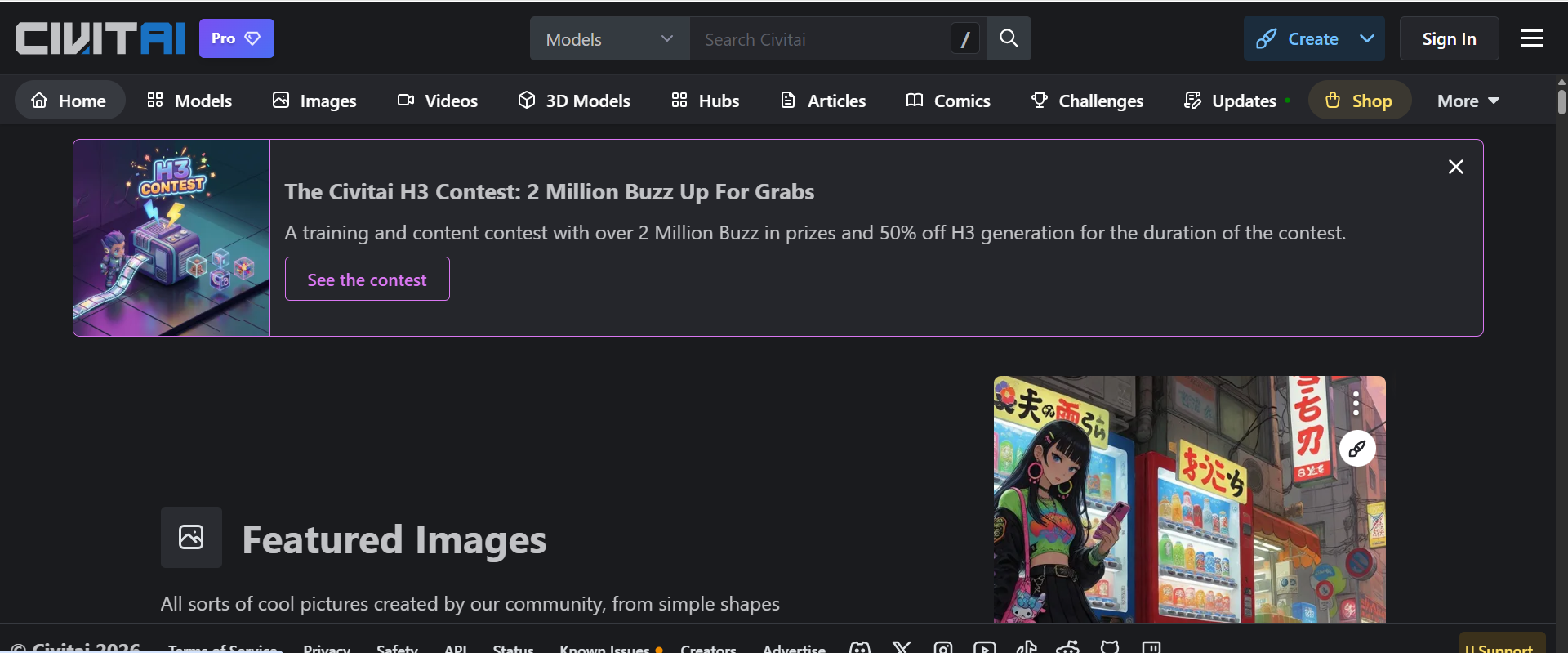 Civitai dark-theme homepage with an H3 contest banner and a Featured Images section showing an anime-style city night scene.