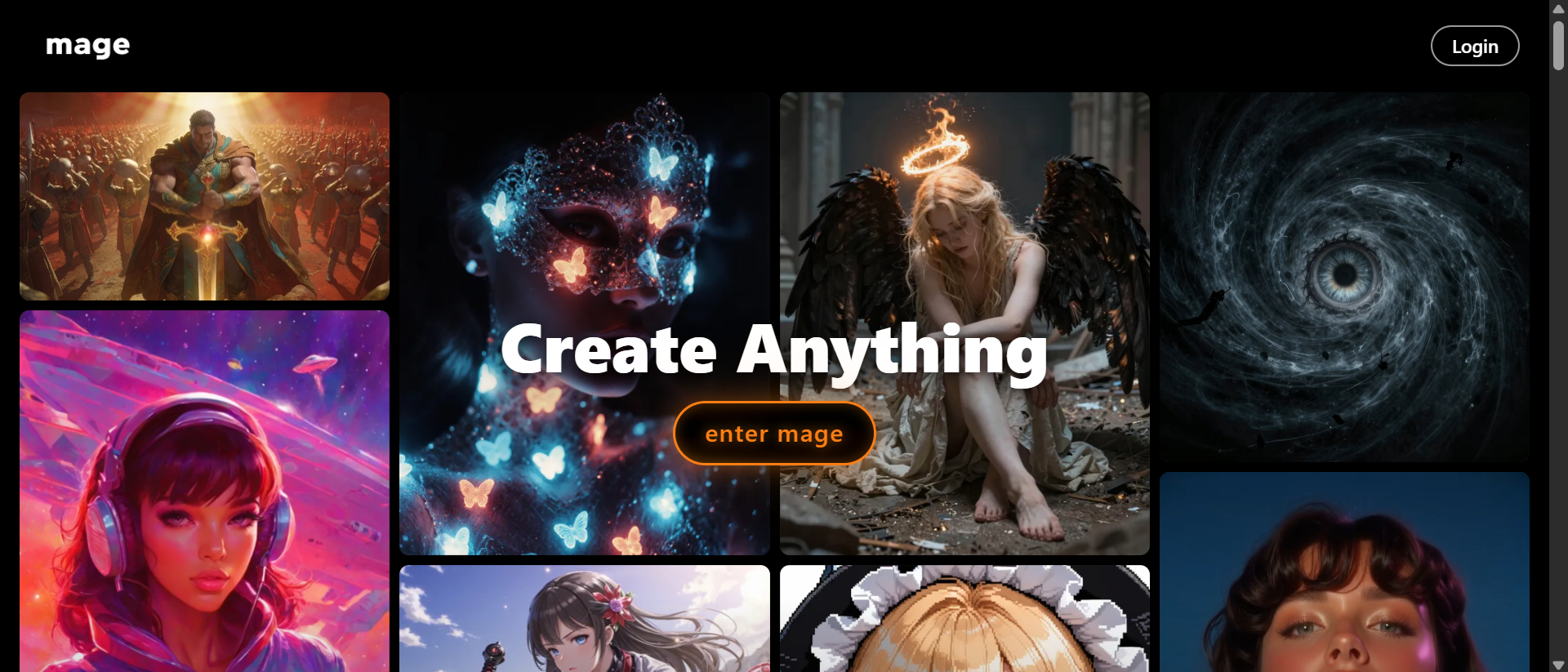 Mage.space homepage with “Create Anything” over a mosaic of AI images, including a warrior, a butterfly mask, a fallen angel, and a swirling eye.