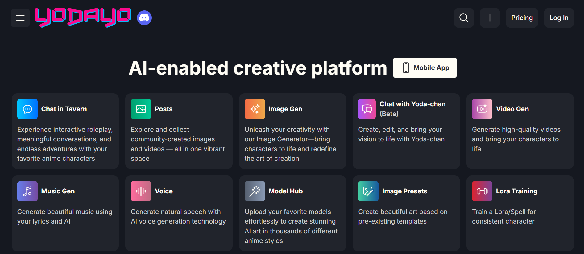 Yodayo homepage titled “AI-enabled creative platform,” showing feature cards for tavern chat, posts, image gen, video gen, music, voice, and model hub.