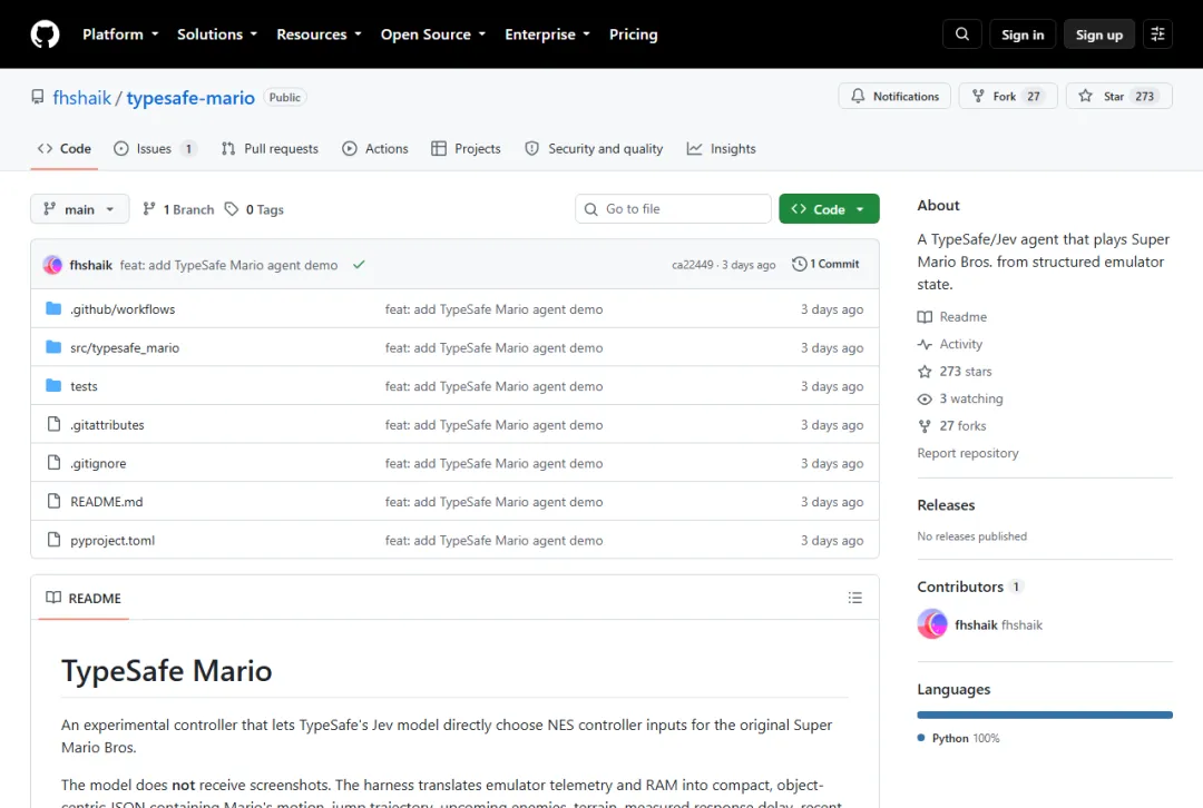 Jev 모델을 사용하여 슈퍼 마리오 브라더스를 제어하는 TypeSafe 마리오 GitHub 프로젝트.