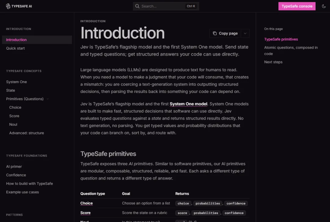 구조화된 의사 결정 기능을 보여주는 TypeSafe Jev AI 모델 문서
