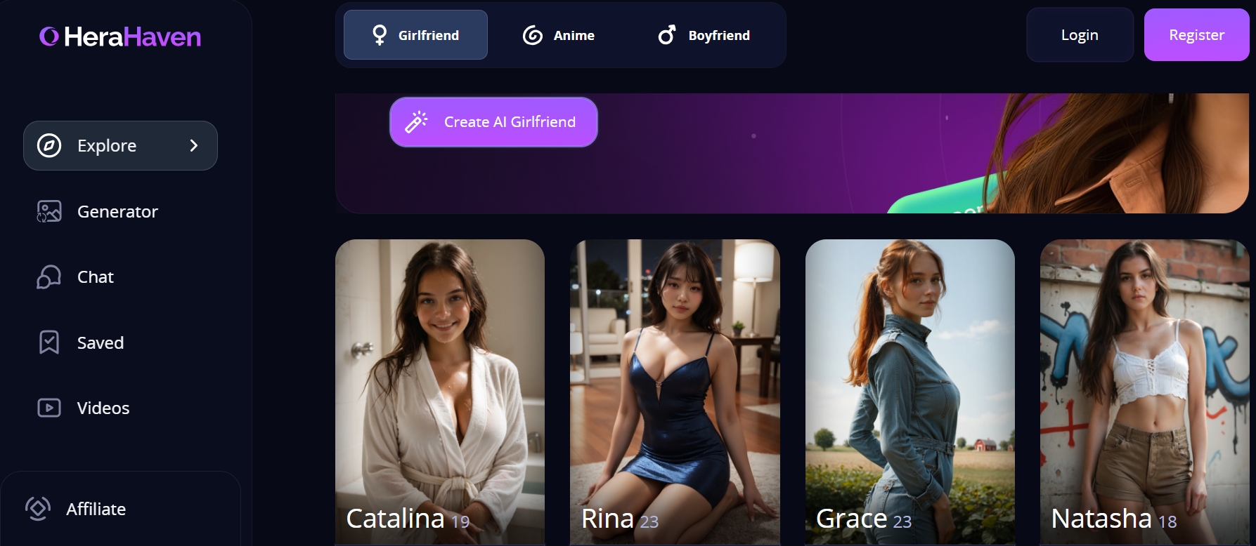 커스터마이징 가능한 가상 캐릭터를 갖춘 HeraHaven AI 여자친구 플랫폼